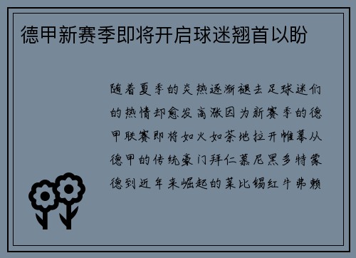 德甲新赛季即将开启球迷翘首以盼